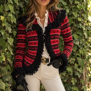 FOLIA Metallic Striped Red Wool Fringed Sweater, M